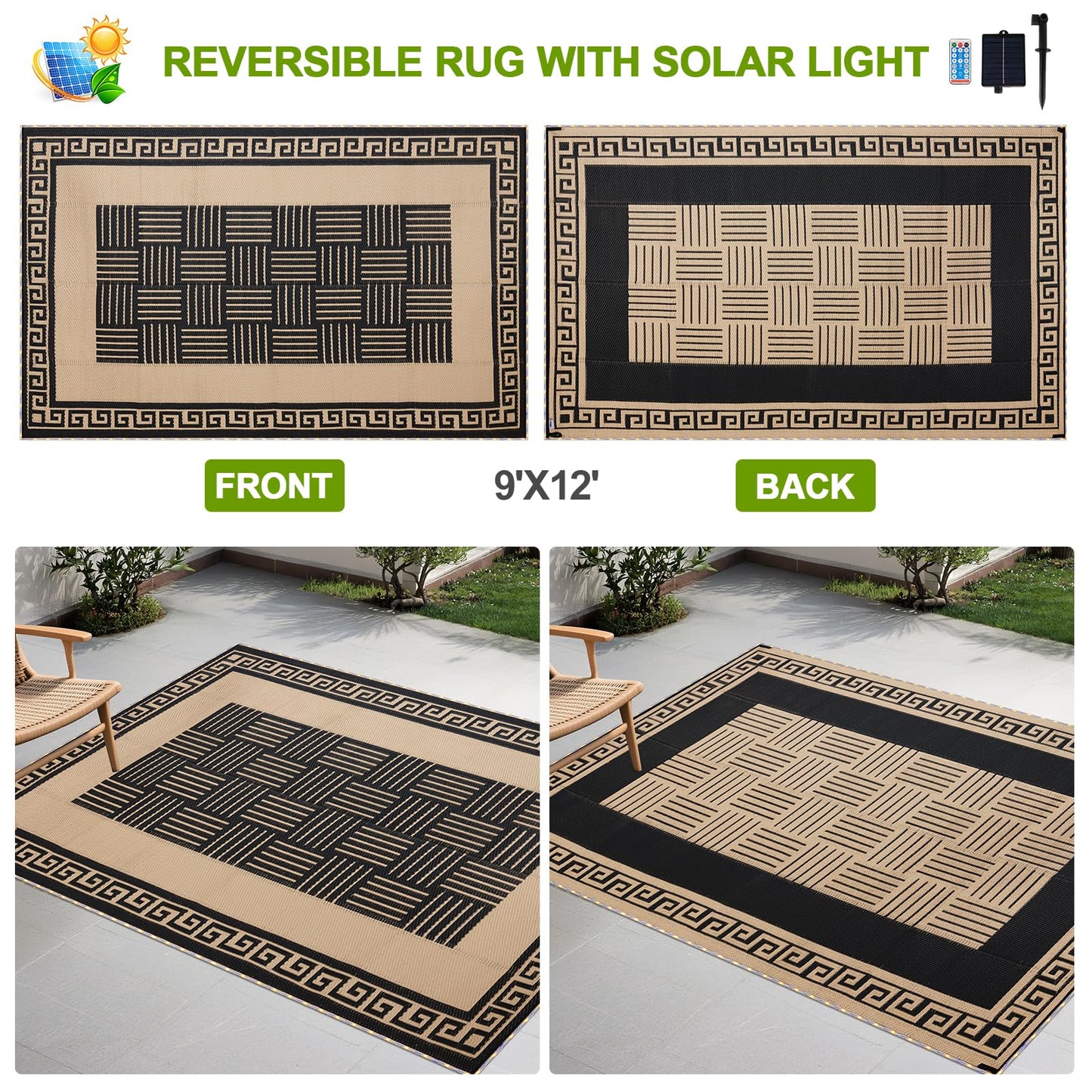 YONILE Solar LED Outdoor Rug 9x12 ft Waterproof for Patios Clearance,Reversible Outdoor Plastic Straw Rug, RV Mat Outside, Indoor Outdoor Carpet for Porch, Deck, Backyard, Balcony, Picnic