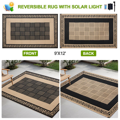 YONILE Solar LED Outdoor Rug 9x12 ft Waterproof for Patios Clearance,Reversible Outdoor Plastic Straw Rug, RV Mat Outside, Indoor Outdoor Carpet for Porch, Deck, Backyard, Balcony, Picnic