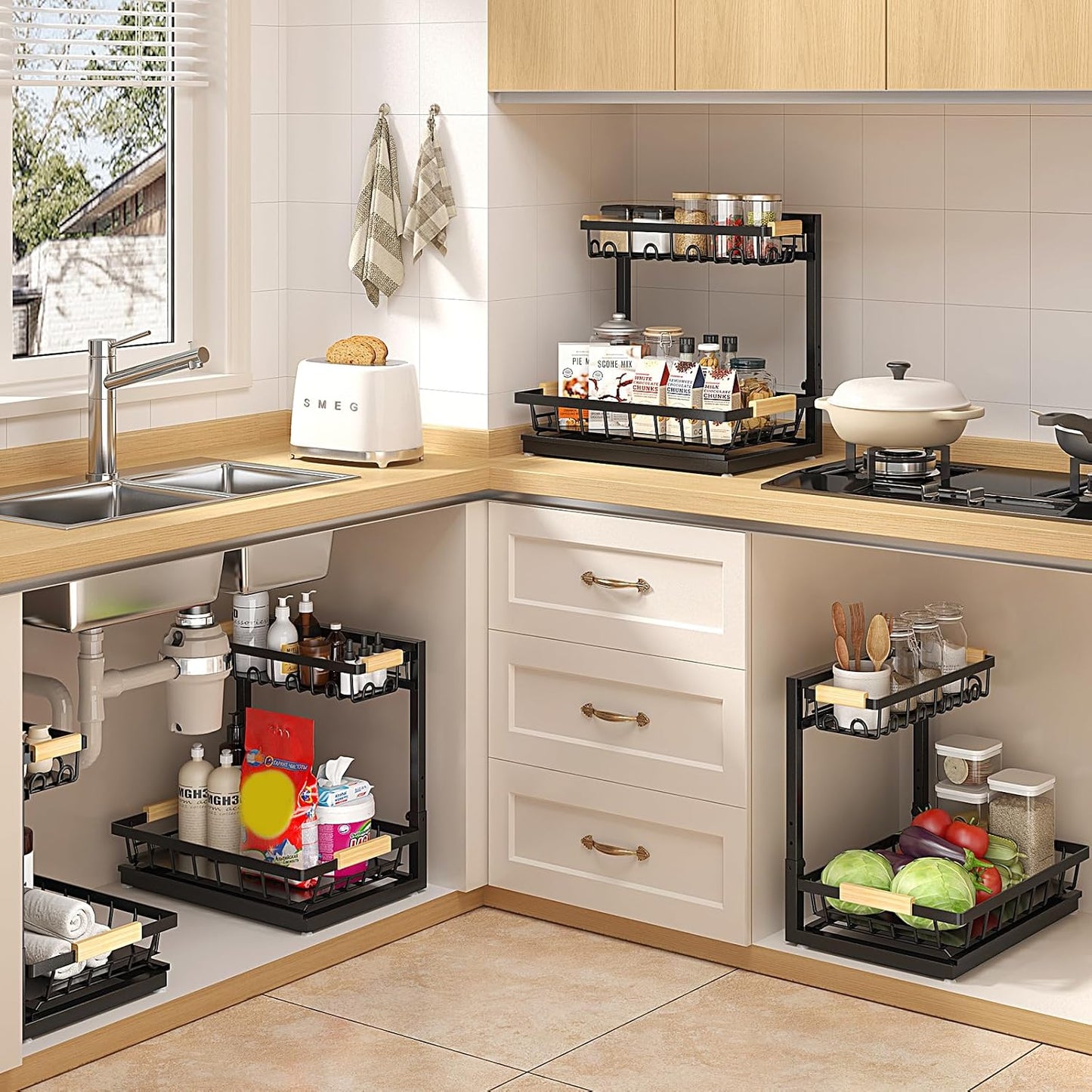 Sevenblue Under Sink Organizer - Height Adjustable 2-Tier Storage Shelf for Kitchen & Bathroom (Black, Large)