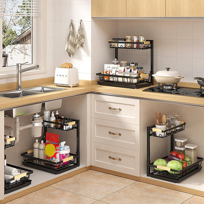 Sevenblue Under Sink Organizer - Height Adjustable 2-Tier Storage Shelf for Kitchen & Bathroom (Black, Large)