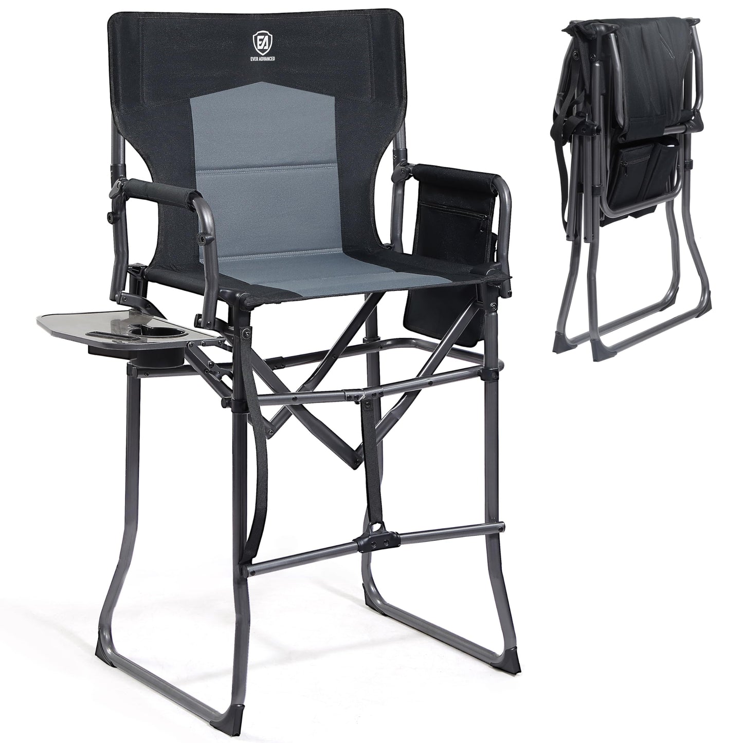 EVER ADVANCED Portable 30.7" Seat Height Tall Folding Camping Chair Directors Chair High Foldable Bar Stool with Side Table for Makeup Artist, Sports Event, Craft Show, Supports 350LBS