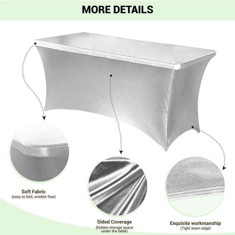 Obstal 6ft Stretch Spandex Table Cover for Standard Folding Tables - Universal Rectangular Fitted Tablecloth Protector for Wedding, Banquet, Party Stamping Silver, 72 Length x 30 Width x 30Height Inch