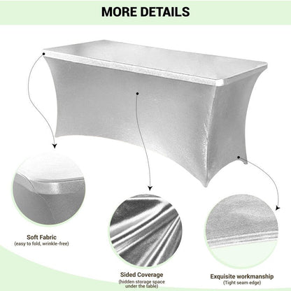 Obstal 6ft Stretch Spandex Table Cover for Standard Folding Tables - Universal Rectangular Fitted Tablecloth Protector for Wedding, Banquet, Party Stamping Silver, 72 Length x 30 Width x 30Height Inch