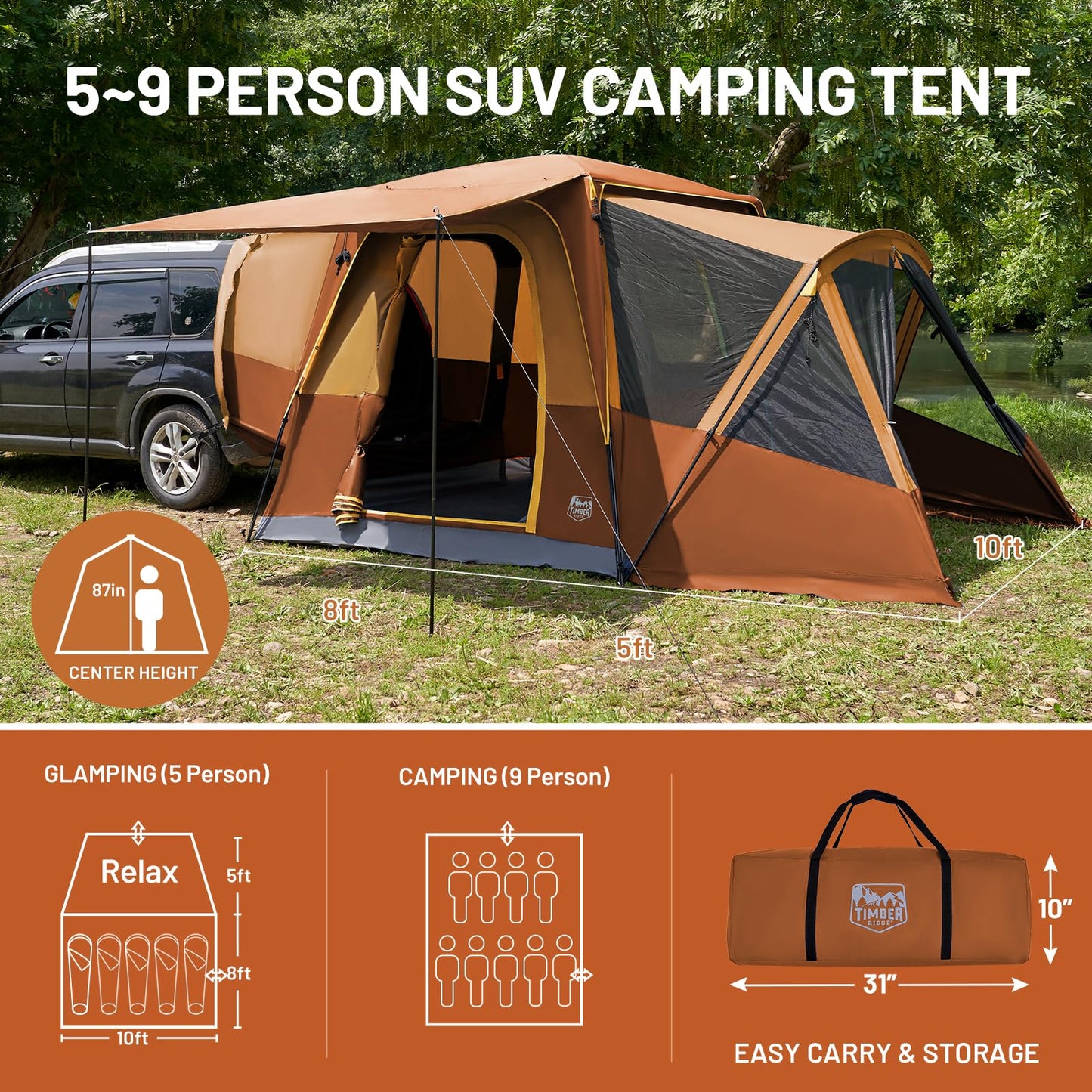 TIMBER RIDGE 5-9 Person SUV Tent with Screen Porch and Awning for Family Camping, Weather Resistant and Portable Van or Car Tent, Includes Rainfly and Storage Bag, 13' W X 10' L X 7.1' H, Orange