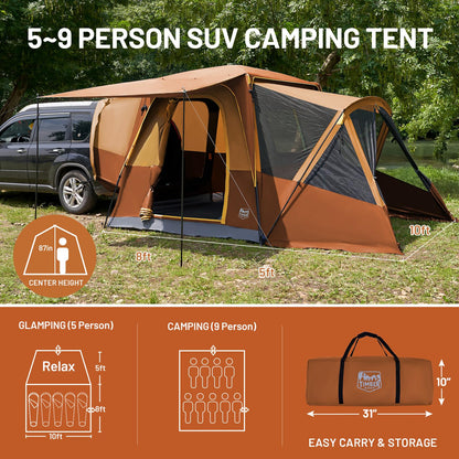 TIMBER RIDGE 5-9 Person SUV Tent with Screen Porch and Awning for Family Camping, Weather Resistant and Portable Van or Car Tent, Includes Rainfly and Storage Bag, 13' W X 10' L X 7.1' H, Orange