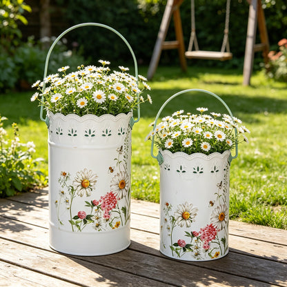 Zorvynelle Set of 2 Rustic White Metal Flower Pots, Decorative Floral Buckets Farmhouse Iron Vases Planters for Dried Flowers, Faux Plants, Home Garden Decor