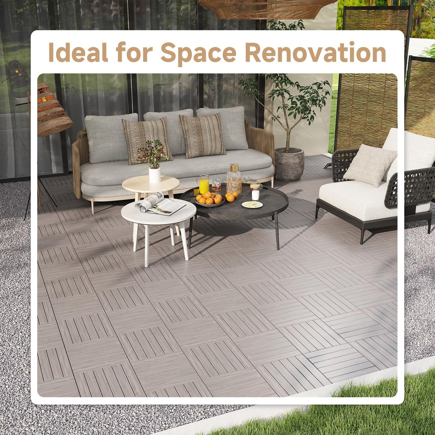 Rovibek Acacia Wood Interlocking Deck Tiles, 30PCS 12"x12" Outdoor Waterproof Decking Tiles, All Weather Use for Balcony Patio Backyard Poolside, Indoor & Outdoor, Striped Gray
