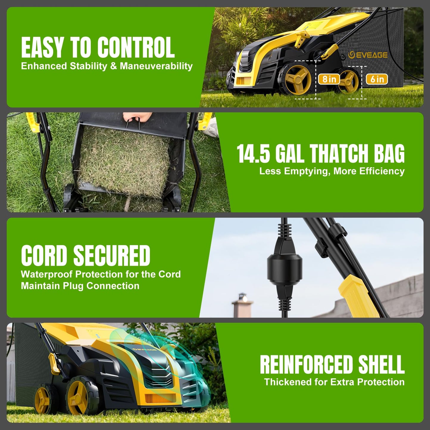 2026 Upgraded Electric Dethatcher Scarifier 16-Inch, EVEAGE 2-in-1 Lawn Dethatcher with 5-Position Depth Adjustment, 14.5-Gallon Collection Bag, Quick-Fold Lawn Scarifier for Healthy Lawn