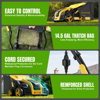 2026 Upgraded Electric Dethatcher Scarifier 16-Inch, EVEAGE 2-in-1 Lawn Dethatcher with 5-Position Depth Adjustment, 14.5-Gallon Collection Bag, Quick-Fold Lawn Scarifier for Healthy Lawn