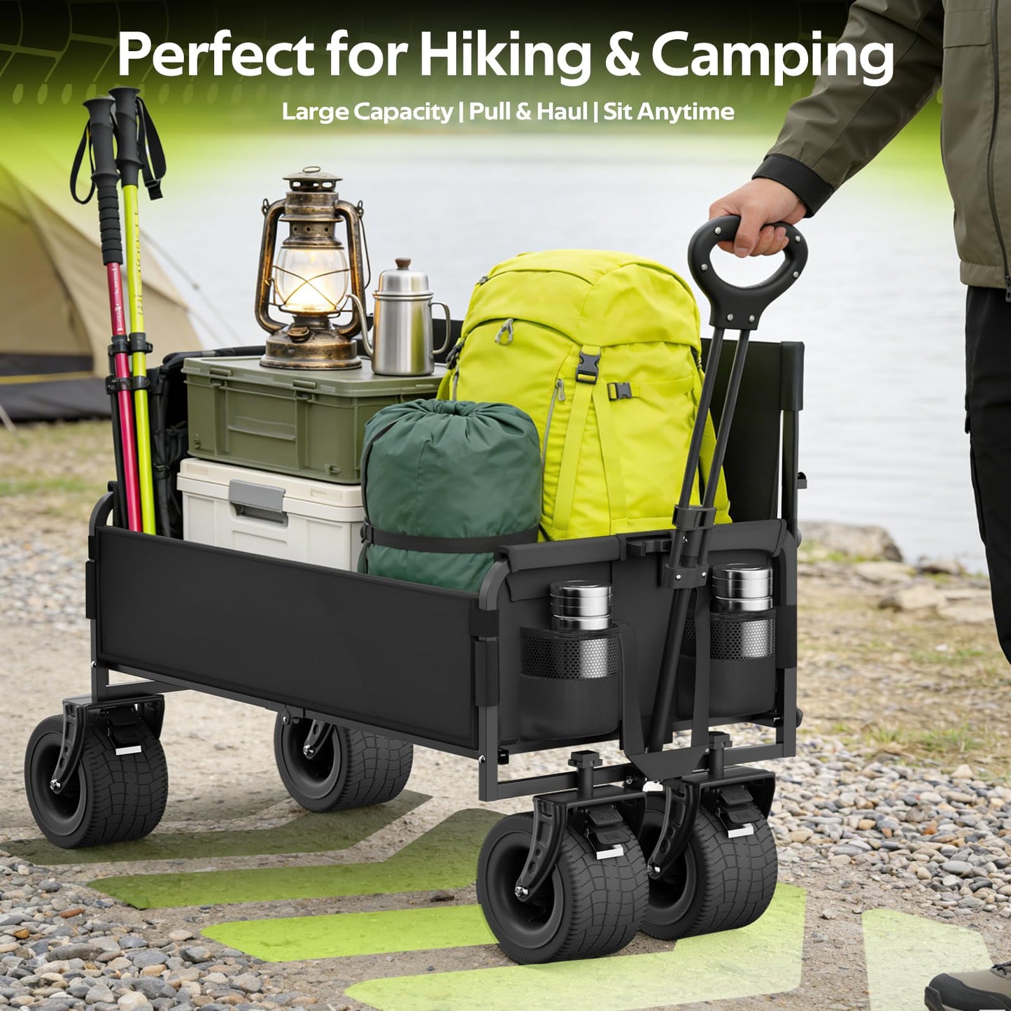 Beach Wagon with Seats, Heavy Duty Wagon Bench Seat Combo with Anti-Collapse Backbar, 2-in-1 Collapsible Lounge Cart for Sand Outdoor Camping, Carbon Steel 500lbs, Black