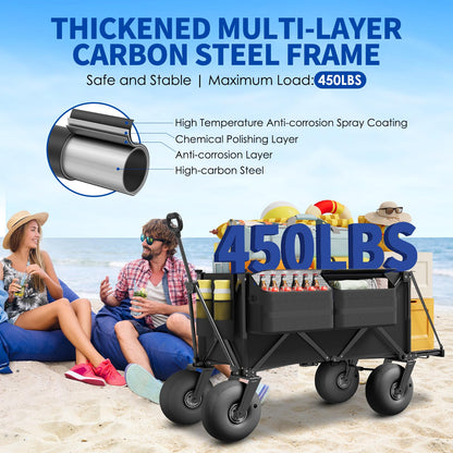 Beach Wagon with Big Wheels for Sand - 450lbs Load Heavy Duty Wagons Carts Foldable with 9" All Terrain Inflatable Tires, Collapsible Beach Cart for Grocery Shopping Garden Sports Camping Outdoor