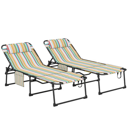 Outsunny 2 Piece Folding Chaise Lounge with 5-Level Reclining Back, Tanning Chair with Face Hole, Outdoor Lounge Chair with Side Pocket & Headrest for Beach, Yard, Patio, Rainbow Striped