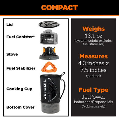 Jetboil Flash 1.0L Portable Fast Boil Stove for Camping and Backpacking with 1-Step Auto Ignition, Propane/Isobutane Burner with Cooking Cup, Carbon