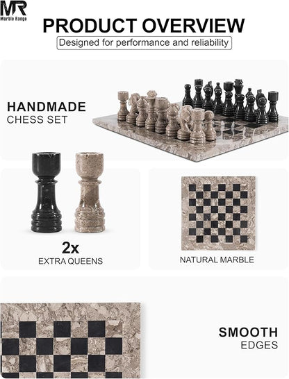 Marble Chess Set for Adults 12 Handmade Oceanic &amp Black Board Game with 32 Chess Pieces 2 Extra Queens &amp Storage Box Luxury Travel Game Elegant for Home Decor