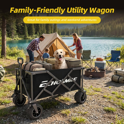 EchoSmile Collapsible Folding Wagon Cart with Compact Storage - 400Lbs Capacity All Terrain Utility Cart for Camping, Beach, Grocery, Garden,Black
