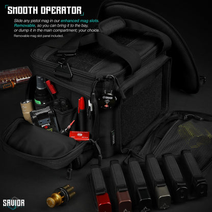 Savior Equipment Specialist Series Tactical Triple Pistol Shooting Range Hunting Duffle Bag Gun Carrying Case, Rigid Compartment Frame, Lockable Zippers (Obsidian Black, 18" x 9" x 12" Range Bag)
