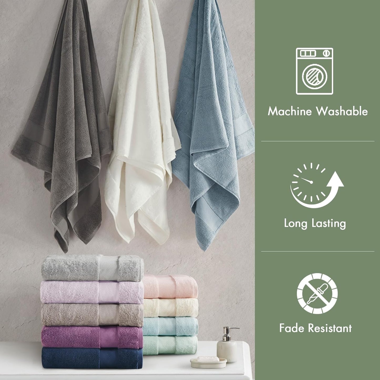 Madison Park Turkish Bath Towels Set - 6-Piece Luxury 100% Cotton, Highly Absorbent & Quick Dry - Green