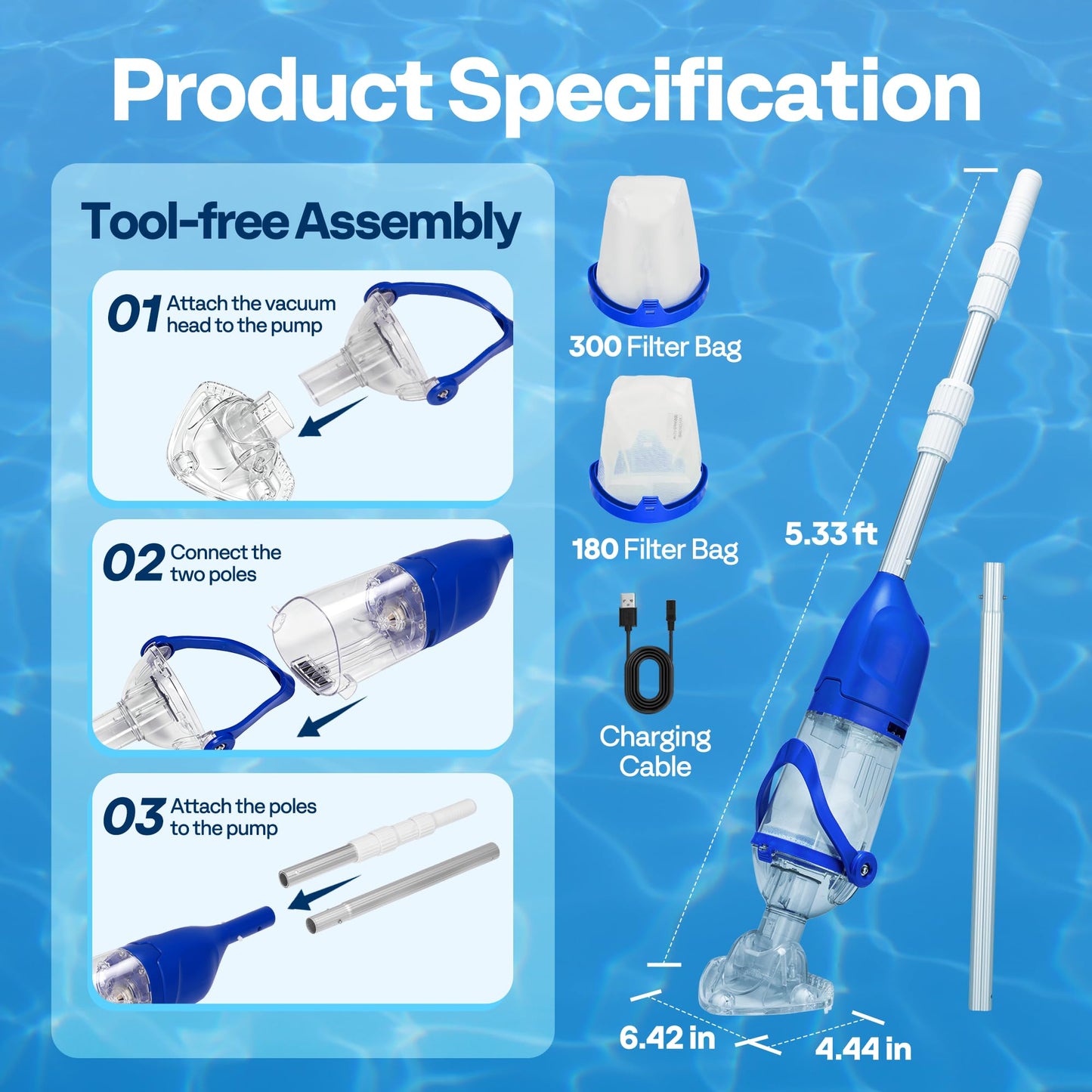 VIVOHOME Handheld Pool Vacuum 13.2 GPM Suction Cordless Pool Cleaner 20W Powerful Motor Long-Run 60min Battery, Adjustable Pole for Above Ground & In-Ground Pools, Spas - Blue