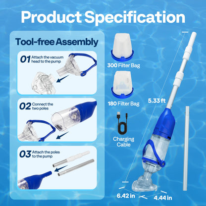 VIVOHOME Handheld Pool Vacuum 13.2 GPM Suction Cordless Pool Cleaner 20W Powerful Motor Long-Run 60min Battery, Adjustable Pole for Above Ground & In-Ground Pools, Spas - Blue