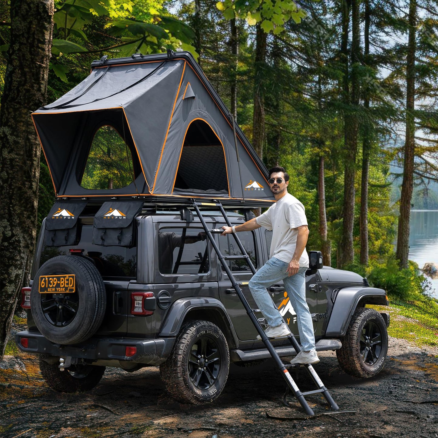 Explorer Pro Rooftop Tent Hard Shell with Side Awning&LED Light Strip, 2-3 Person Roof Top Tent for 4 Season Camping, Aluminum Pop Up Roof Tent for Truck Jeep SUV Van Trailer