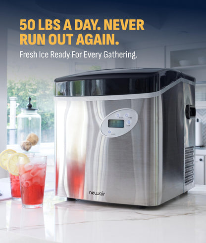 NewAir 50 lb. Countertop Ice Maker | Portable Bullet Ice Machine | 12 Cubes in 7 Minutes, 3 Ice Sizes | Stainless Steel, Self-Cleaning, BPA-Free