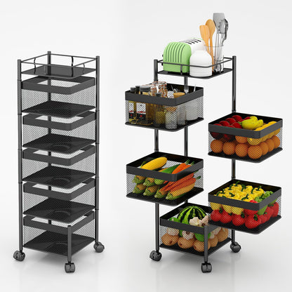 xinyourui Fruit and Vegetable Basket for Kitchen No Assembly， Rotating Storage Rack,Bathroom Storage Shelf, Kitchen Organizers and Storage Cart on Rolling Wheels(Black, 5 Tier-Square)