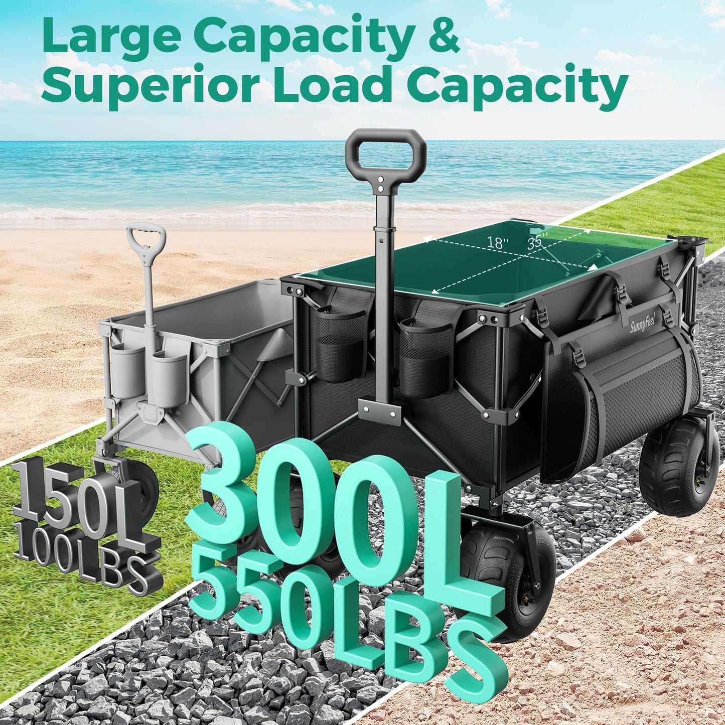 SUNNYFEEL Beach Wagon with Big Wheels for Sand, 550LBS Heavy Duty, 300L Foldable Beach Cart with 9" Balloon Wheels, Collapsible Wagon Cart with Adjustable Handle for Camping, Garden, Outdoor, Black