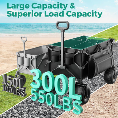 SUNNYFEEL Beach Wagon with Big Wheels for Sand, 550LBS Heavy Duty, 300L Foldable Beach Cart with 9" Balloon Wheels, Collapsible Wagon Cart with Adjustable Handle for Camping, Garden, Outdoor, Black