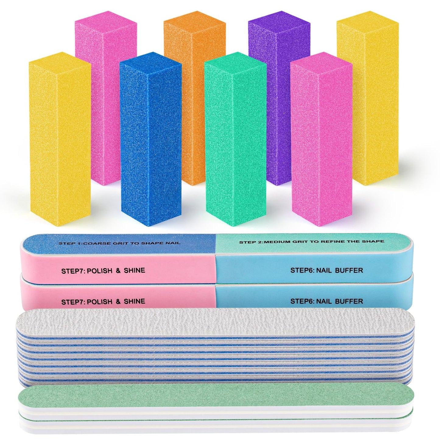 FANDAMEI Nail Files and Buffers, 20PCS Nail File Kit. Rectangular Nail Buffer Block & 100/180 Grit 7 Way Nail File & Polishing Buffer. Nail Prep Kit. Professional Manicure Nail Tools