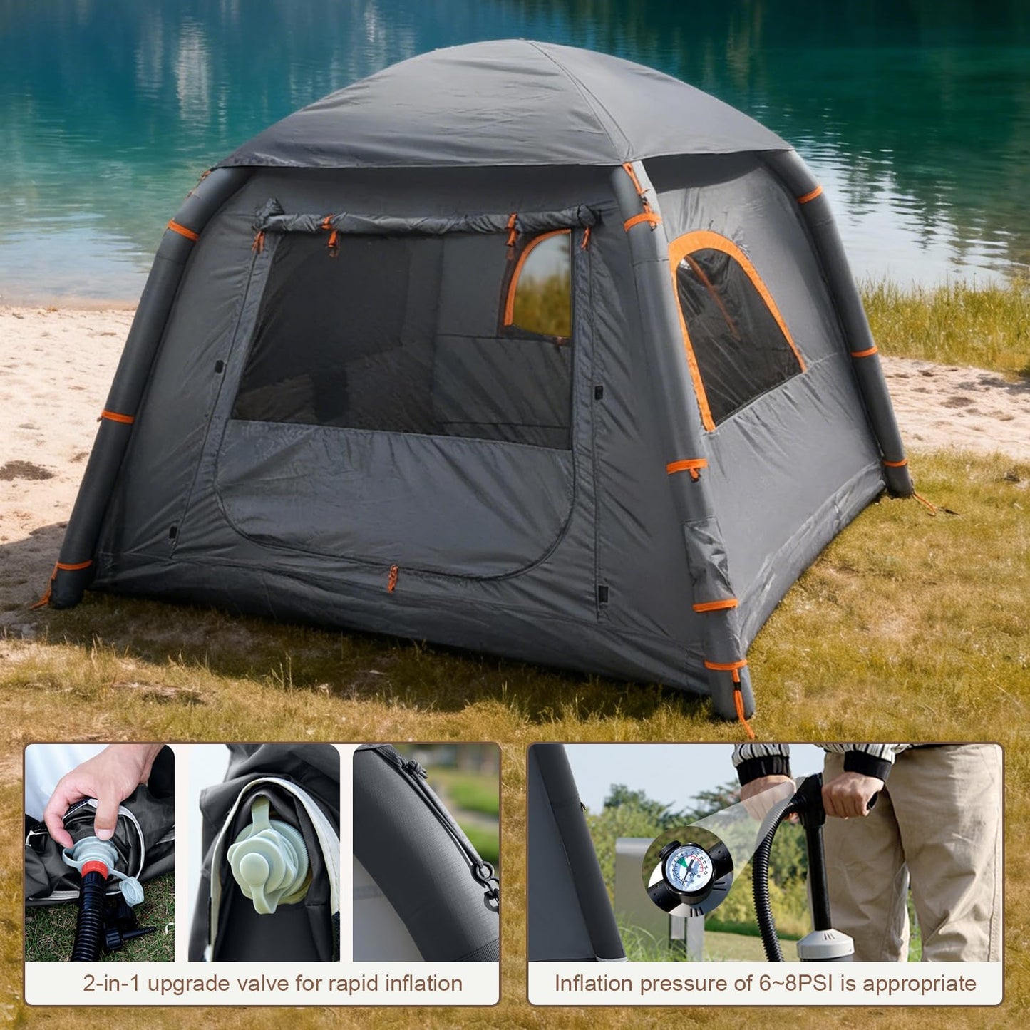 Inflatable Tent with Pump, 2-4 Person Glamping Camping Tents House, Easy Setup Blow Up Family Tents for 4 Seasons Waterproof Inflatable Tent for Camping with Mesh Windows.