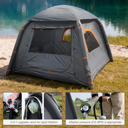 Inflatable Tent with Pump, 2-4 Person Glamping Camping Tents House, Easy Setup Blow Up Family Tents for 4 Seasons Waterproof Inflatable Tent for Camping with Mesh Windows.