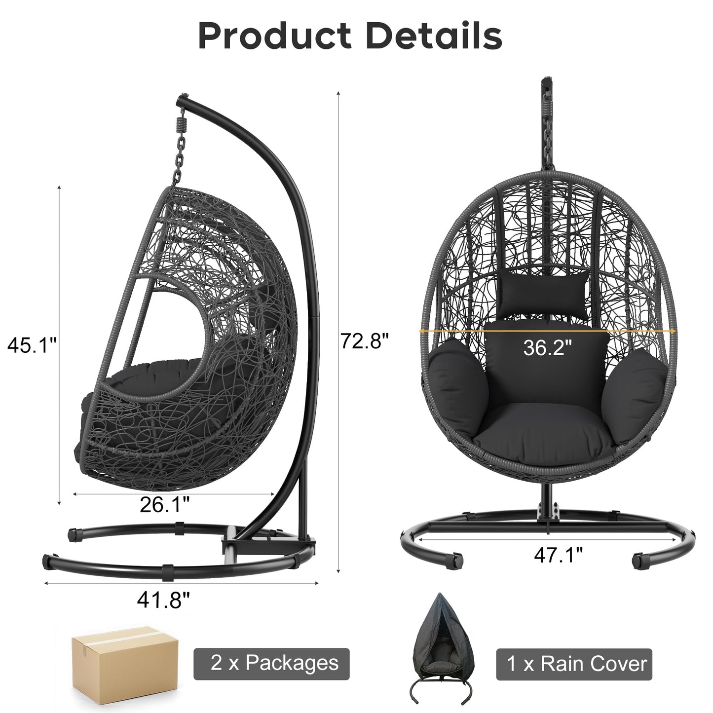 KEIKI Hanging Egg Chair with Stand Outdoor, 400LBS Capacity Patio Swing Chair with Cushion, Weatherproof PE Rattan Hammock Chair for Bedroom Balcony Garden, Waterproof Cover Included, Grey