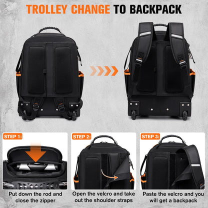 2-In-1 Rolling Tool Backpack Heavy Duty, 47 Pockets Rolling Tool Bag with Wheels, Tool Bag Backpack with Retractable Handle, 1680D, Backpack for Tools HVAC Electrician Construction Worker Mechanic