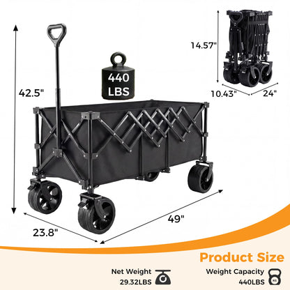 NEWBULIG Foldable Wagon Cart, 440LB Heavy Duty Collapsible Wagon with Extra-Long Storage, All-Terrain Wheels, Portable Utility Wagon for Groceries, Camping, Sports, Beach, Garden, Black