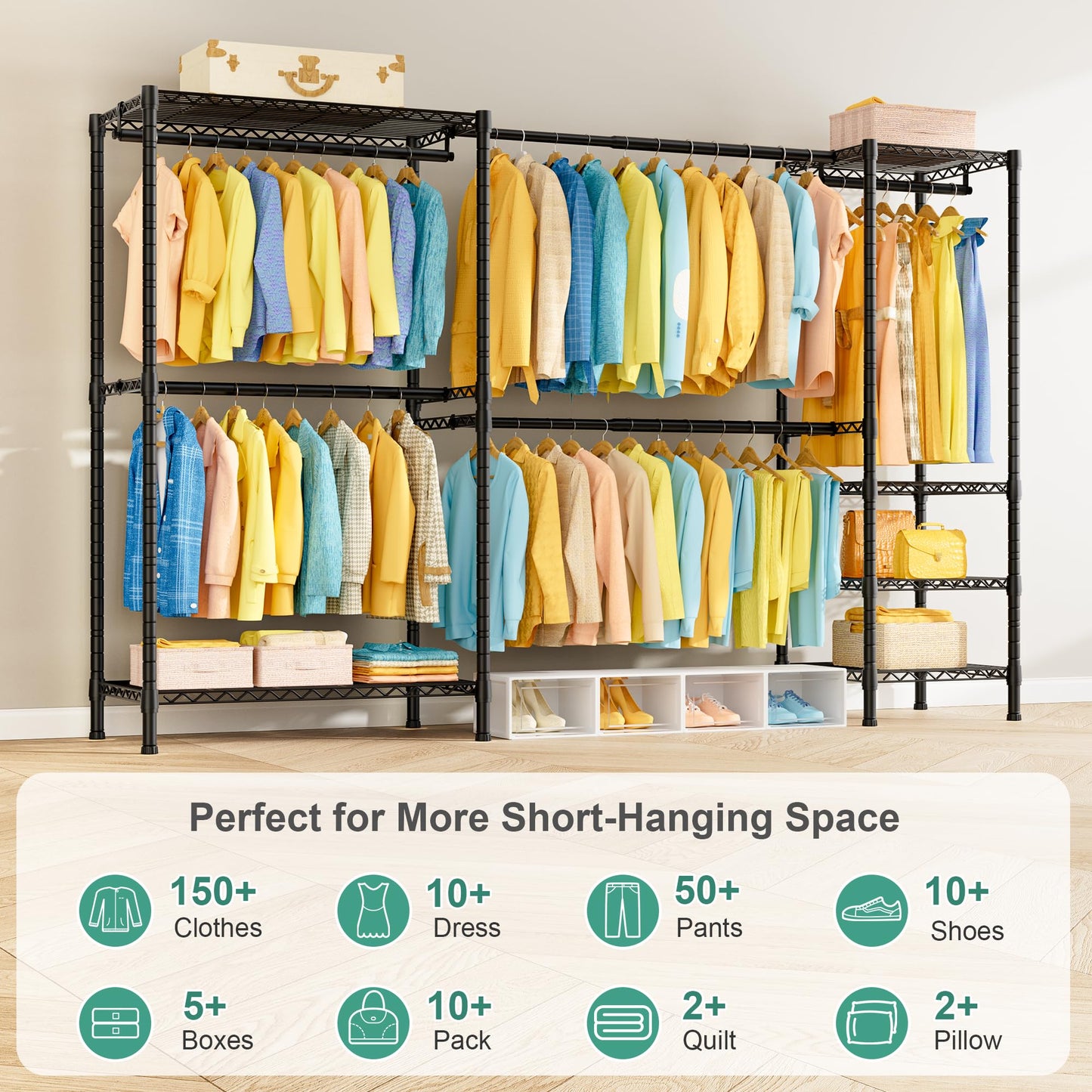 SEMHOR E01 Expandable Heavy Duty Clothes Rack, Free Standing Closet System Organizer, Adjustable Portable Carbon Steel Garment & Clothing Racks for Hanging Clothes (72.5-96"), 800LBS Max Load, Black