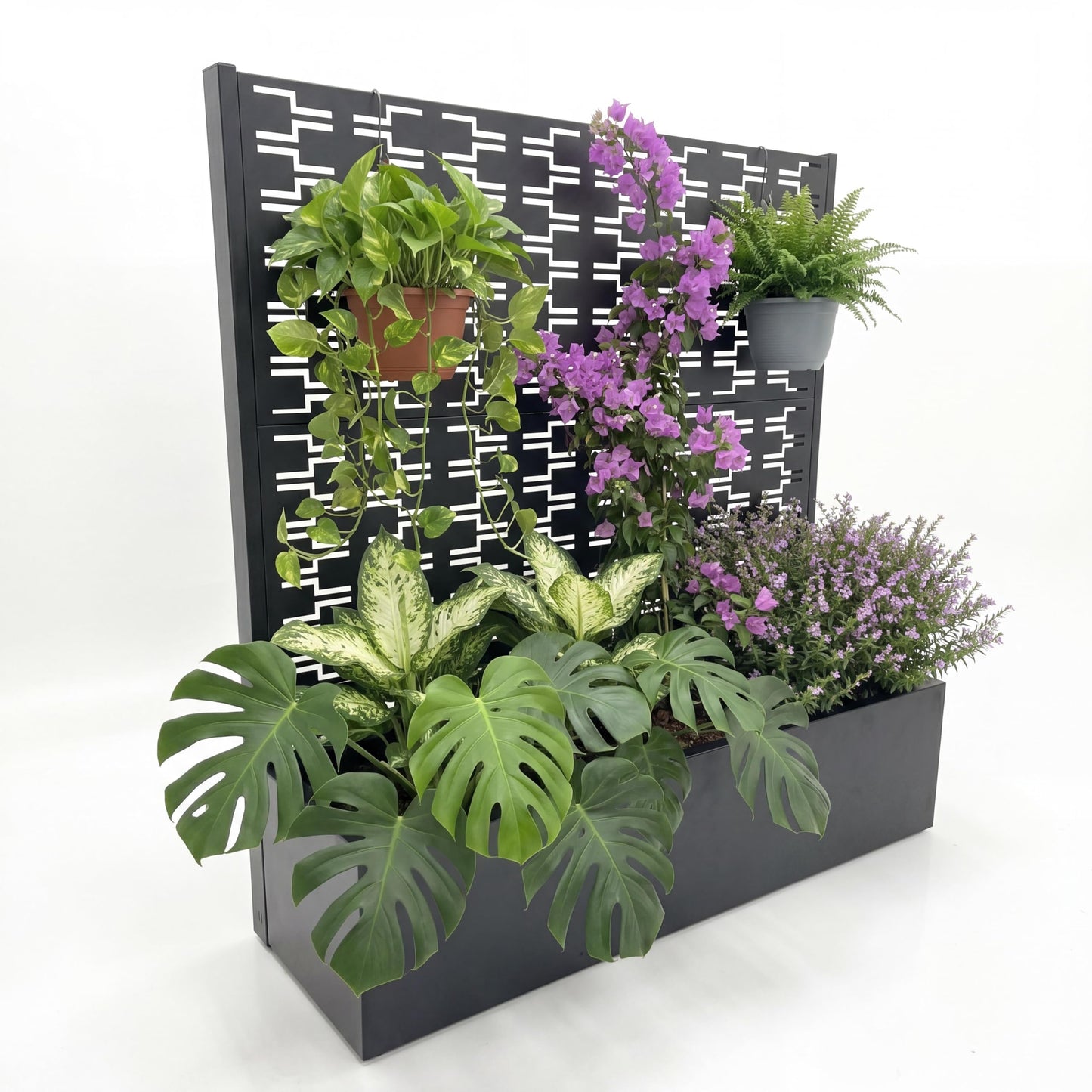Privacy Planters for Patio, Metal Raised Garden Bed with Trellis and Privacy Screen, 46" x 45" x 15" Planter Box with Drainage Holes for Climbing Plants, Vegetables, Vines, Outdoor Backyard Black