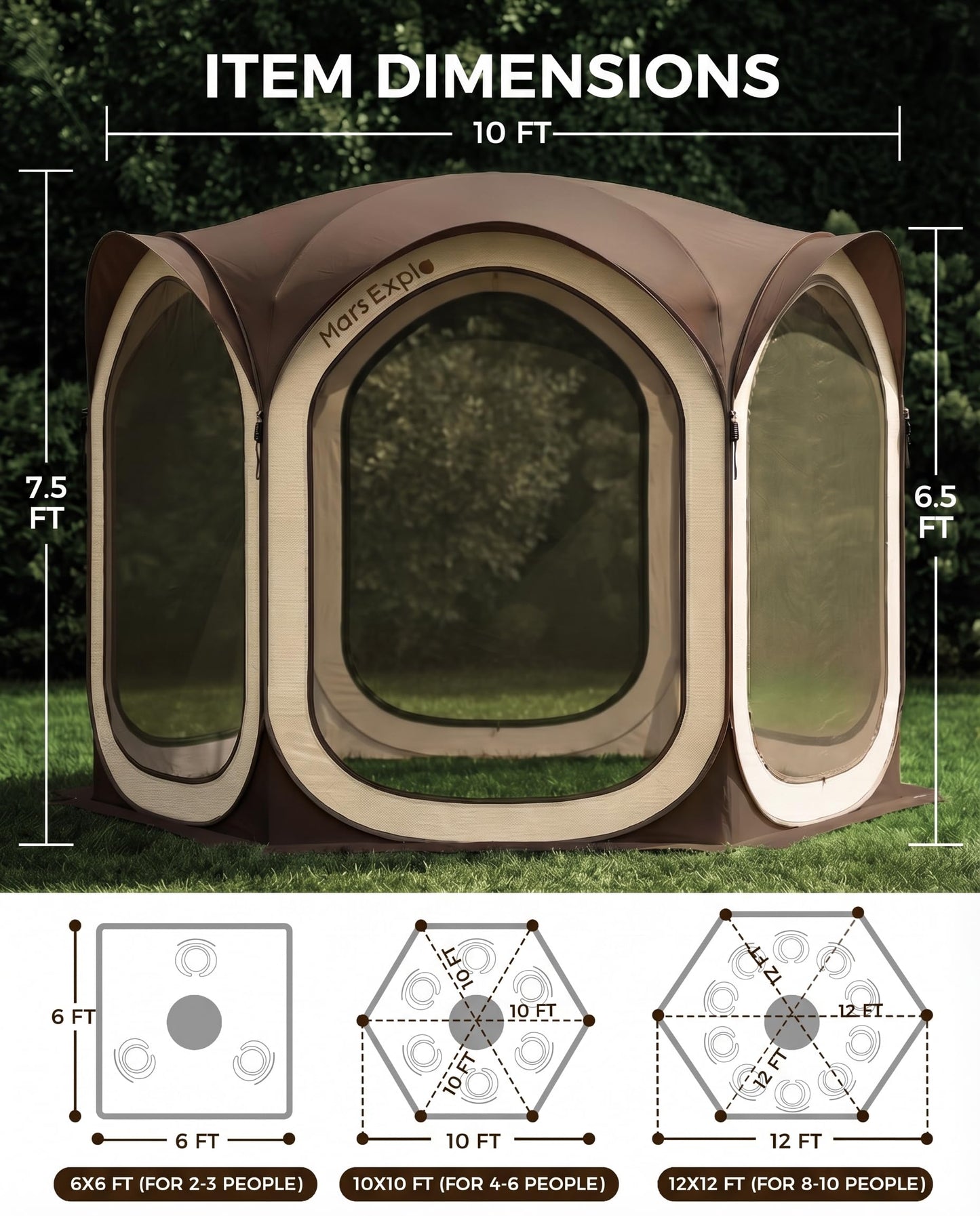 Mars Explo Screen Pop Up House Room Tent, Canopy Sun Shade Shelter for Patio, Backyard, Deck & Outdoor Activities, Portable Gazebo, Not Waterproof, 10'x10', Brown