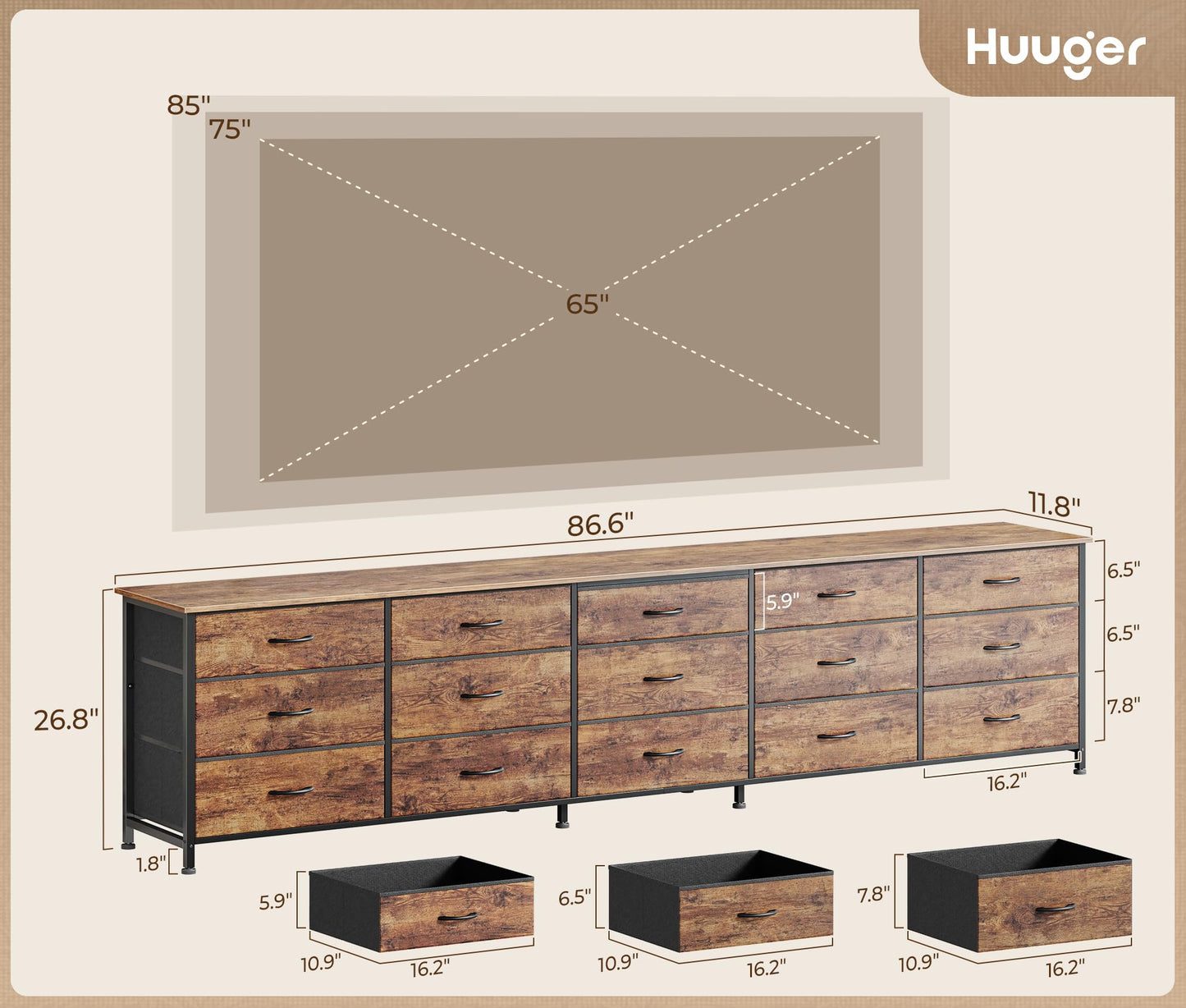 Huuger 86.6 Inch Dresser for Bedroom, TV Stand for 65, 75, 85 Inch TV, 15 Fabric Drawer Long Dresser, Large Entertainment Center for Bedroom, Wide Chest of Drawer with Storage, Rustic Brown