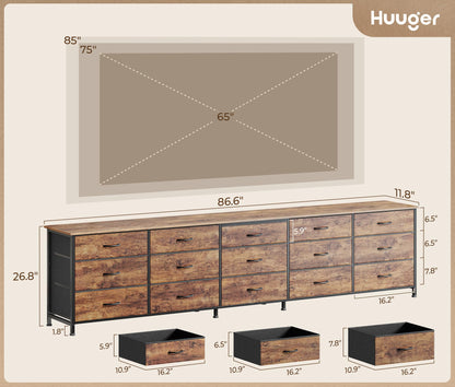 Huuger 86.6 Inch Dresser for Bedroom, TV Stand for 65, 75, 85 Inch TV, 15 Fabric Drawer Long Dresser, Large Entertainment Center for Bedroom, Wide Chest of Drawer with Storage, Rustic Brown