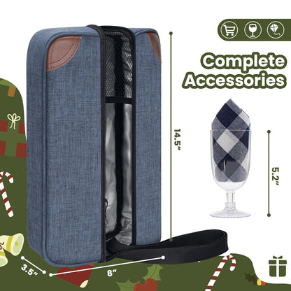 ALLCAMP Wine Bag - Insulated Cooler Bag with Wine Glasses, Bottle Opener & Wine Accessories for Wine Lovers - Portable Wine Gift Bag for Travel, Picnics, and Gift Ideas(Blue)