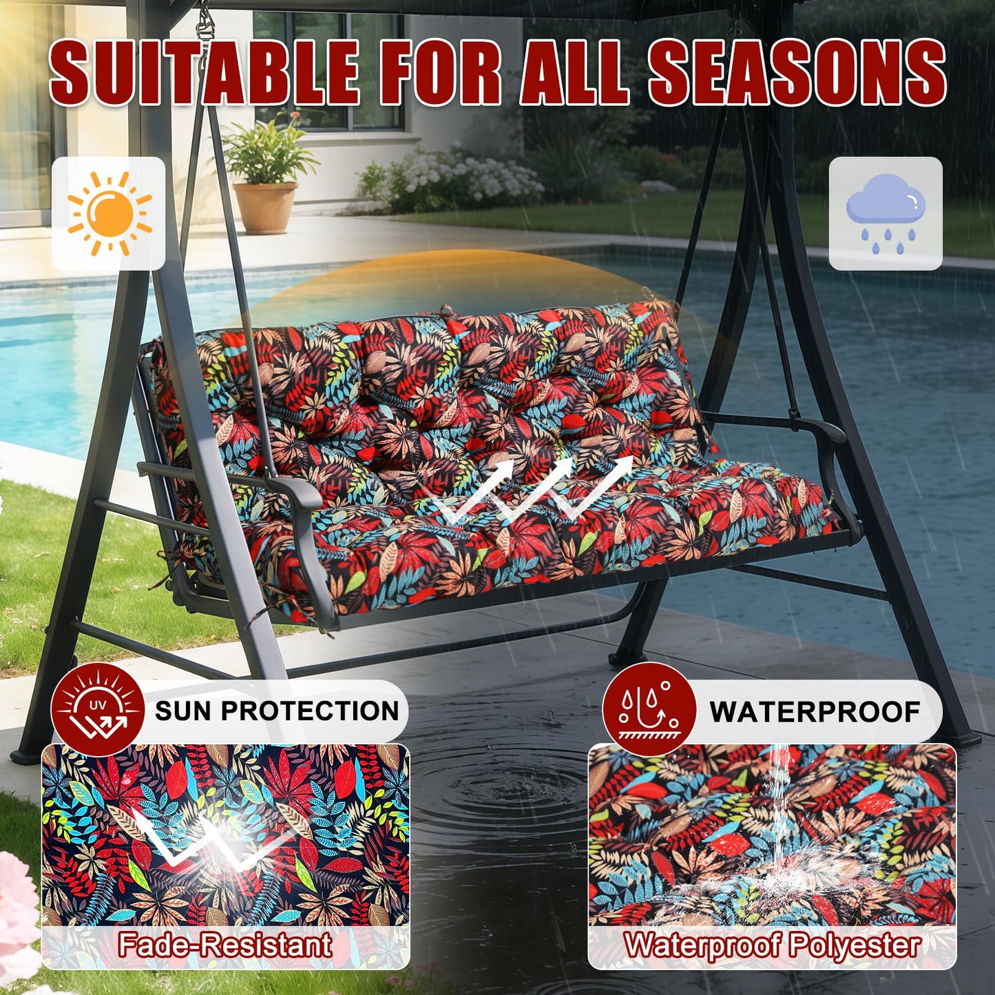 Mokoey Porch Swing Cushions 60 inch Bench Cushion Waterproof Outdoor Swing Cushions 3 Seater Thick 5in Replacement Swing Cushions for Outdoor Furniture Patio (Red Leaves-60x40 inch)