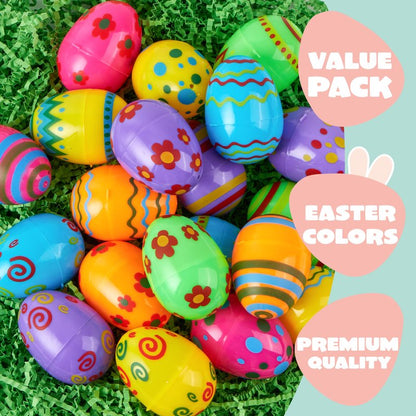 JOYIN 36PCS 2.3" Printed Empty Plastic Eggs Fillable, Bright Colorful Plastic Eggs Bulks for Festival Hunt, Filling Treats, Party Favor, Basket Stuffers, Classroom Prize Supplies