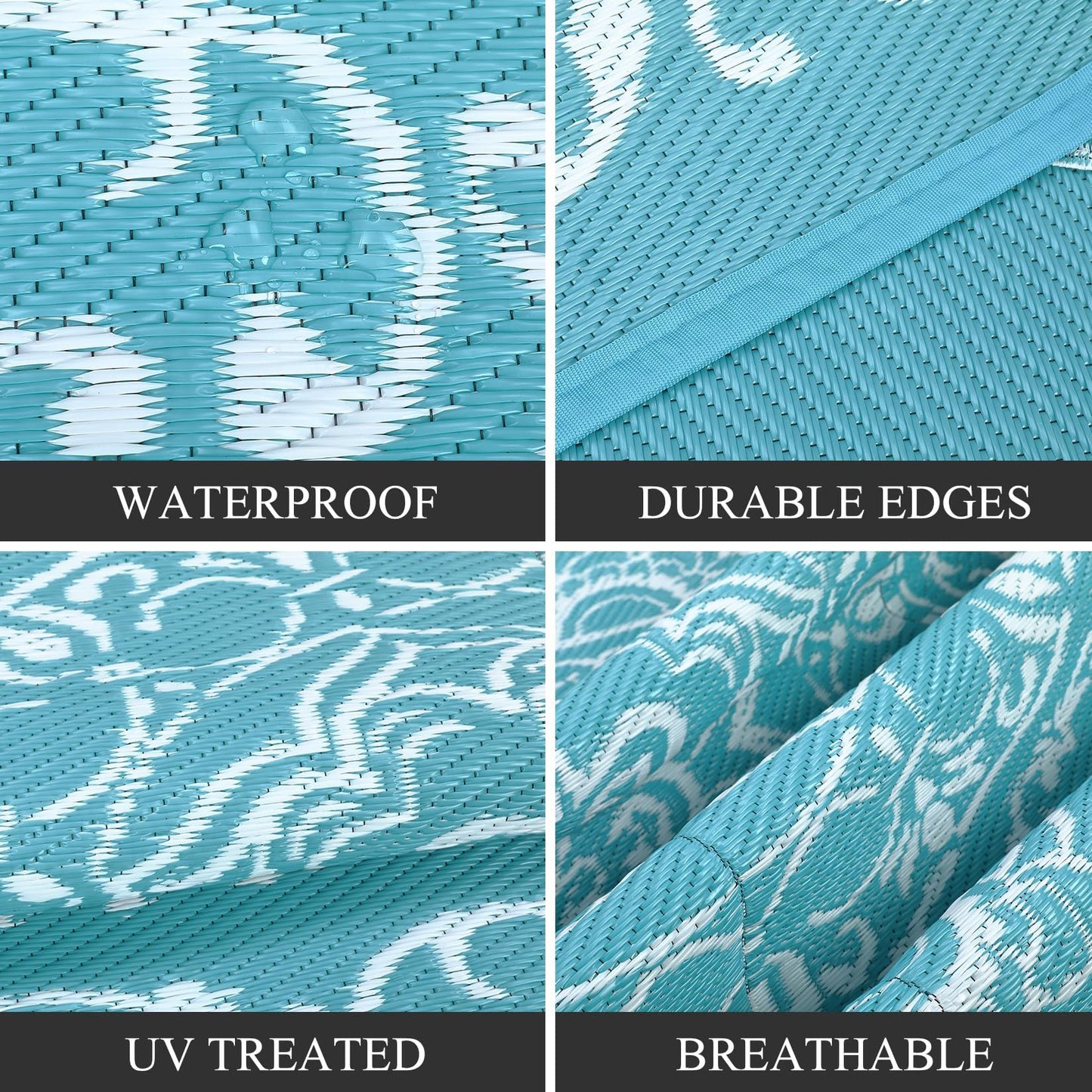 IDEALHOUSE Outdoor Rug 9x12 Ft, Waterproof Plastic Reversible Rug, Persian Style Camping Mat for Outdoors, RV, Patio, Backyard, Deck, Picnic, Beach, Trailer, Camping(Light Blue & White)