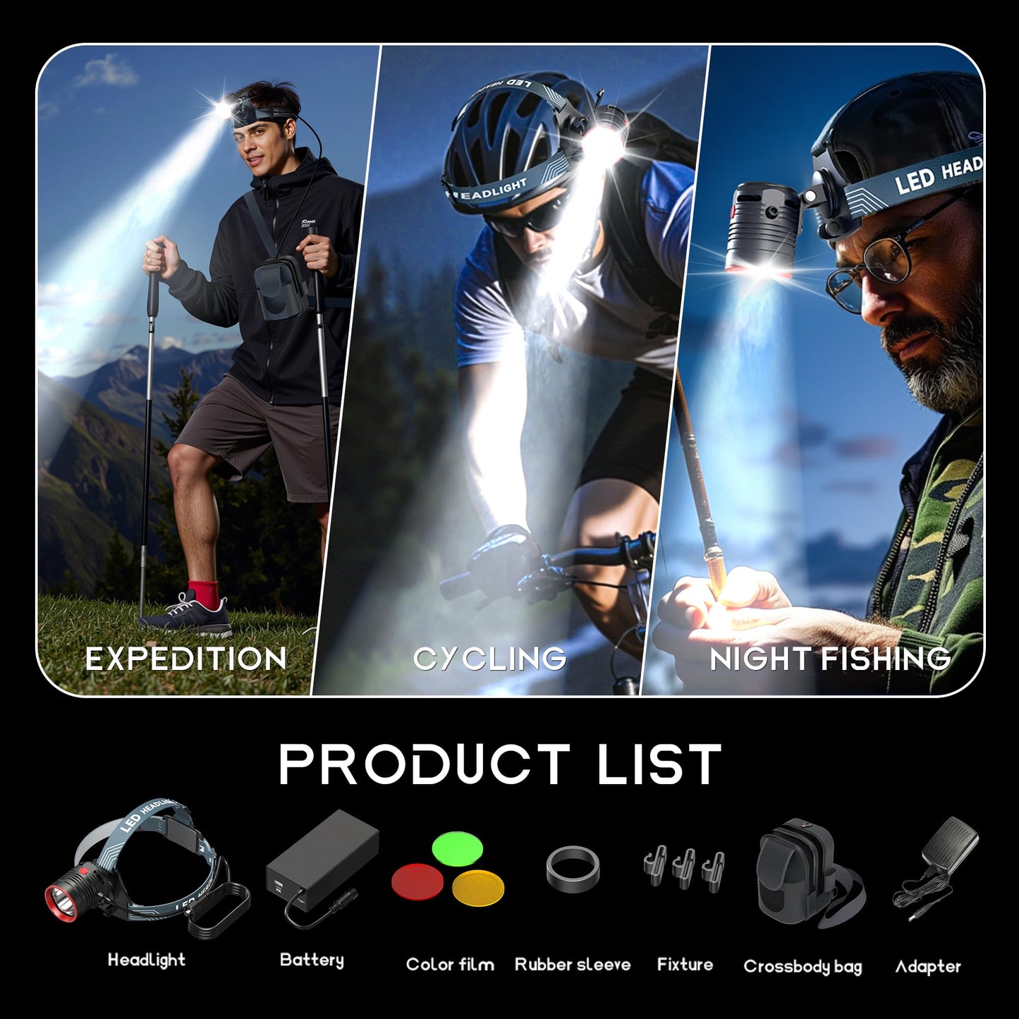 PINSAI Coon Hunting Lights High Power LED Headlamp Super Bright High Lumens 30000mAh Rechargeable Headlight Head Spotlight Torch for Fishing Camping with Bag