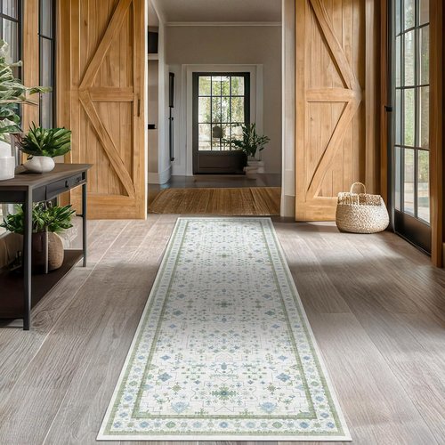 Hazo Haus Oushak 3x20 Wide Hallway Runner Rug - Vintage Turkish Floral Design, Washable Non-Slip | Blue & Green 20ft Extra Long for Large Spaces