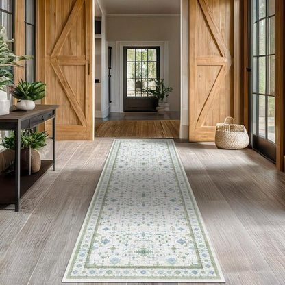 Hazo Haus Oushak 3x20 Wide Hallway Runner Rug - Vintage Turkish Floral Design, Washable Non-Slip | Blue & Green 20ft Extra Long for Large Spaces