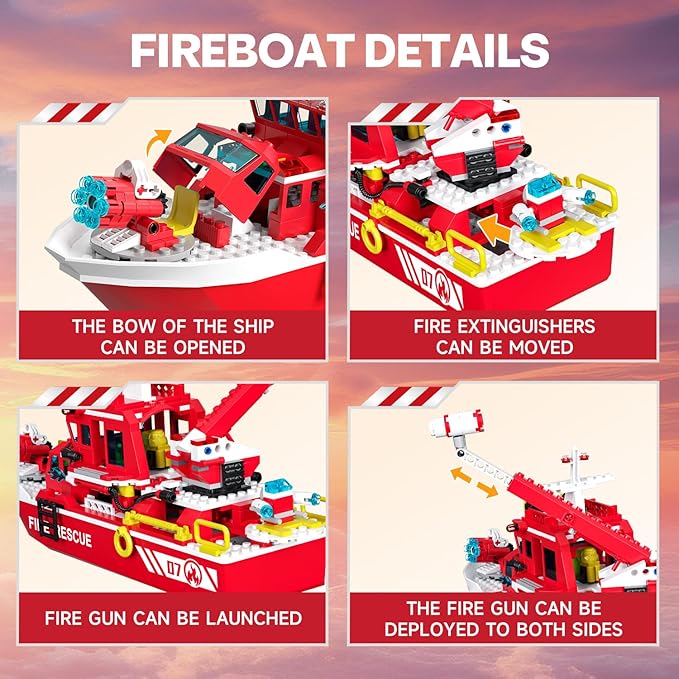 City Floating Boats Building Set Police Boat and Fire Rescue Boat Compatible with Lego Ship City STEM Building Toys Ideal Gift for Kids Boys Girls 6 7 8 9 10 11 12