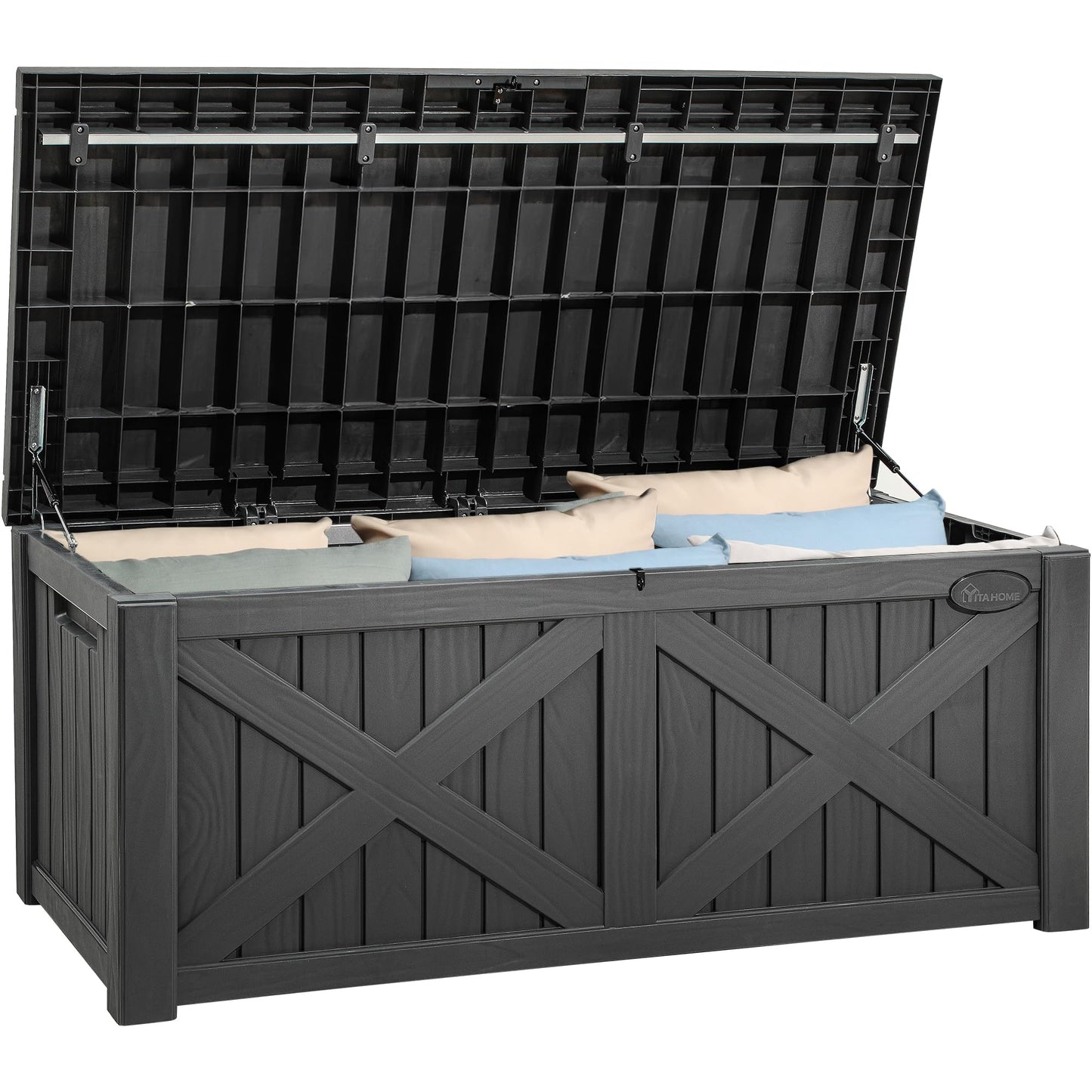 YITAHOME 120 Gallon Large Deck Box with X-Shaped Front, Resin Outdoor Storage Boxes, Waterproof Cushion Storage Bench for Patio, Pool Supplies, Garden Tools - Lockable, Dark Gray