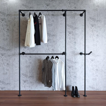 Anynice Black Industrial Pipe Clothing Rack 62.5" W Wall Mounted, Heavy Duty Iron Garment Rack 150 lbs per Rod, Open Closet Organizer for Bedroom Laundry Room Retail Display