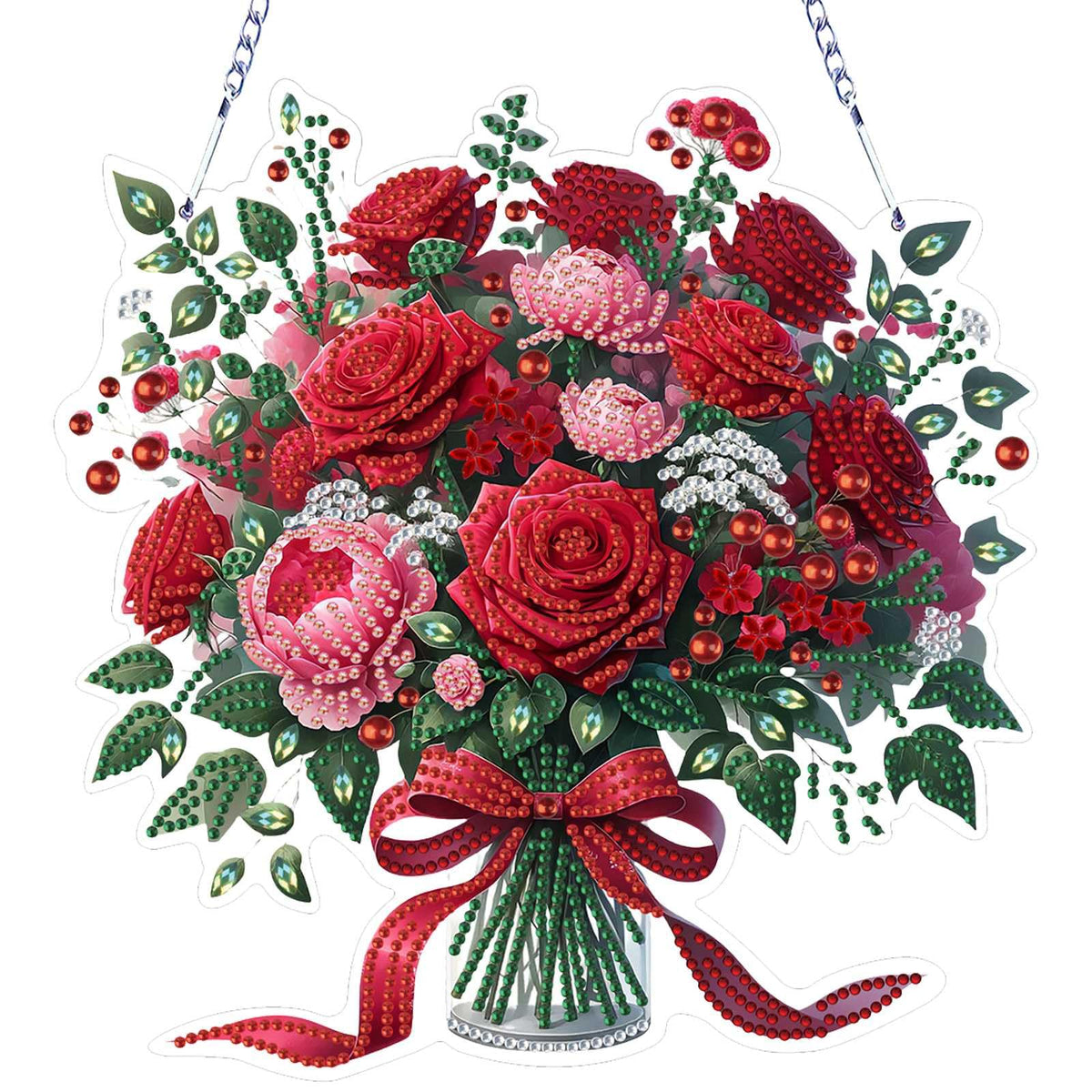 VODAPYC Mother's/Valentine's Day Rose Diamond Art Hanging Kits for Adults, DIY Acrylic Double Sided Special Shaped Diamonds Art Window Pendant Ornament(Red Rose Flower)